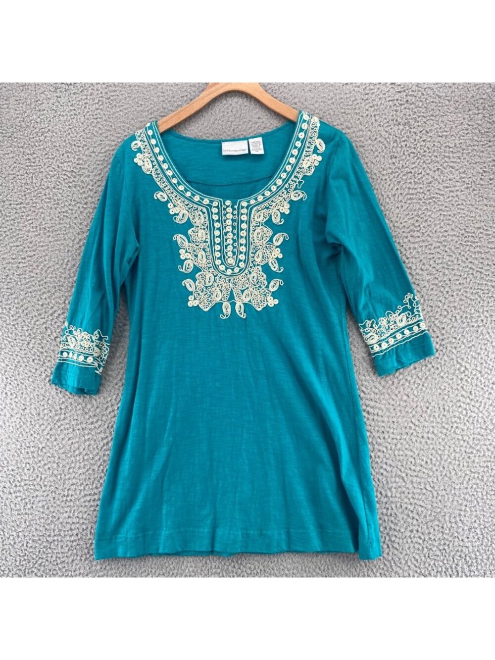 Soft Surroundings Top Women Medium Petite Turquoise Cotton Embroidery 3/4 Sleeve